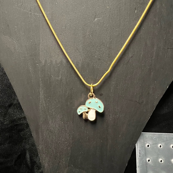 Gold and Blue Mushroom Pendant Necklace and Earrings Set - Picture 2 of 3